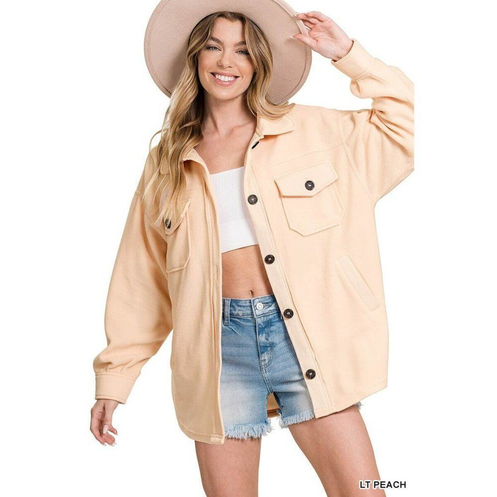 Zenana All About the Fleece Button-Down Shacket in Light Peach S-L QJ-4000Y - Picture 3 of 9